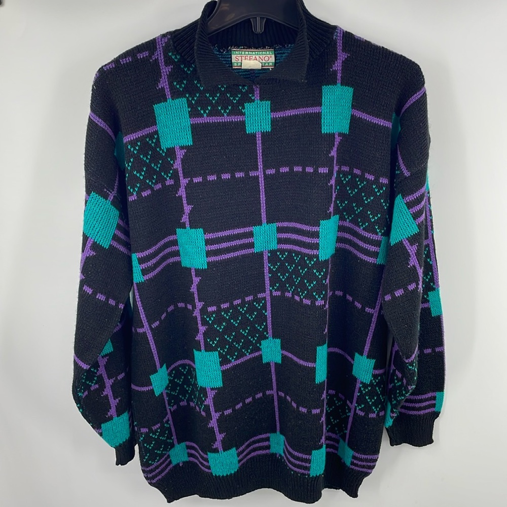 Vintage 80’s Stefano Colorful block collared geometric knit Sweater OSFM